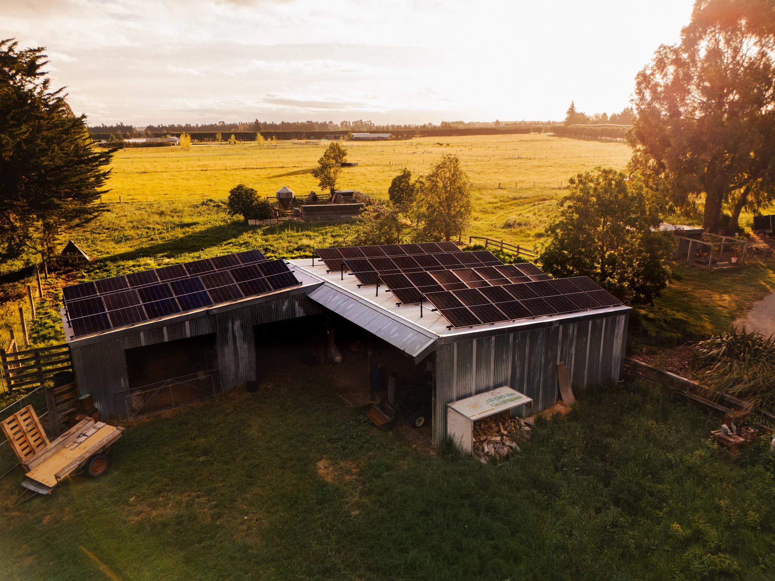 Drone shot of an L-shaped corrugated shed with roof-mounted solar panels backlit by golden evening sun over farmland.