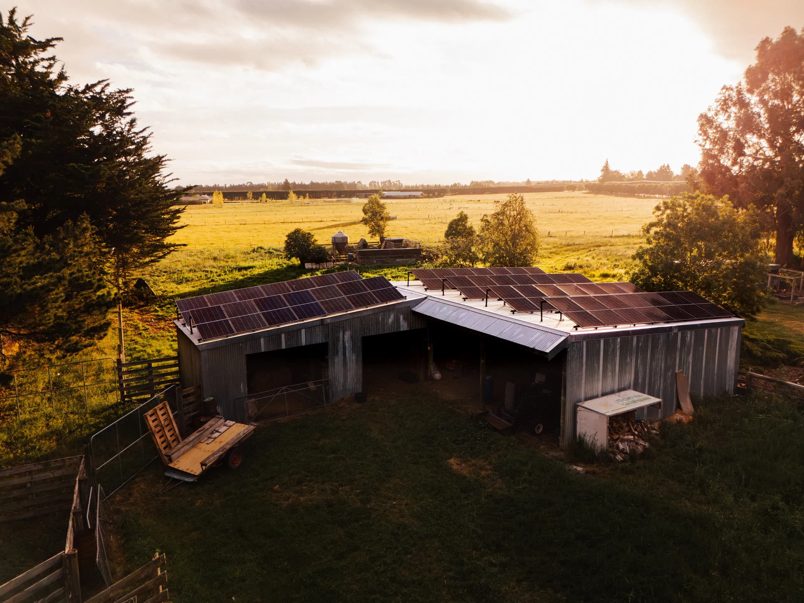 Aerial view of two connected farm sheds with rooftop solar arrays glowing under a low sunset over open pasture.